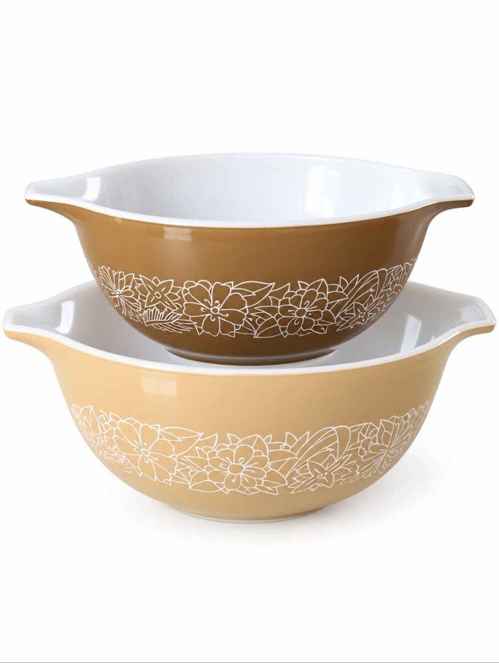 Vintage PYREX Woodland Tan Brown Cinderella Nesting Mixing Bowl Set #442 #443